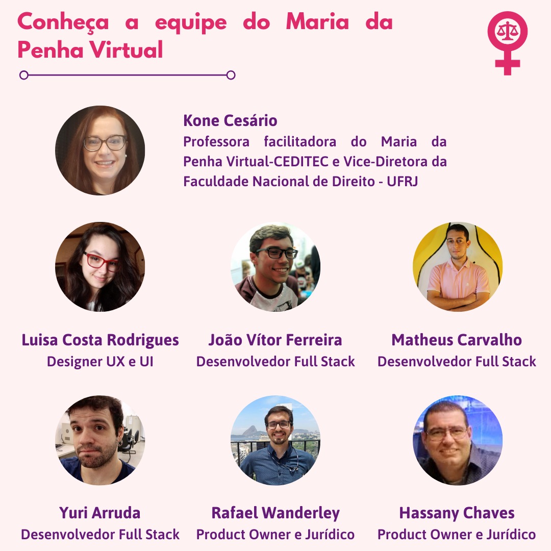 Conheça a equipe do Maria da Penha Virtual. Kone Cesário é Professora facilitadora do Maria da Penha Virtual-CEDITEC e Vice-Diretora da Faculdade Nacional de Direito - UFRJ. Luisa Costa Rodrigues é Designer UX e UI. João Vitor Ferreira é Desenvolvedor Full Stack. Matheus Carvalho é Desenvolvedor Full Stack. Yuri Arruda é desenvolvedor Full Stack. Rafael Wanderley é Product Owner e Jurídico. Hassany Chaves é Product Owner e Jurídico.