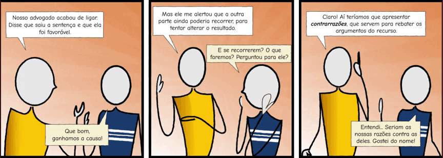 Autodescrição: Três quadros com fundo de cor laranja. Juntos formam uma história em quadrinhos com a ilustração de duas pessoas com traços simples sem características físicas. Quadro 1. Texto: Nosso advogado acabou de ligar. Disse que saiu a sentença e que foi favorável. Que bom ganhamos a causa! Quadro 2. Texto: Mas ele me alertou que a outra parte ainda poderia recorrer, para tentar alterar o resultado. E se recorrerem? O que faremos? Perguntou para ele? Quadro 3. Texto: Claro! Aí teríamos que apresentar contrarrazões, que servem pra rebater os argumentos do recurso. Entendi...Seriam as nossas razões contra as deles. Gostei do nome!
