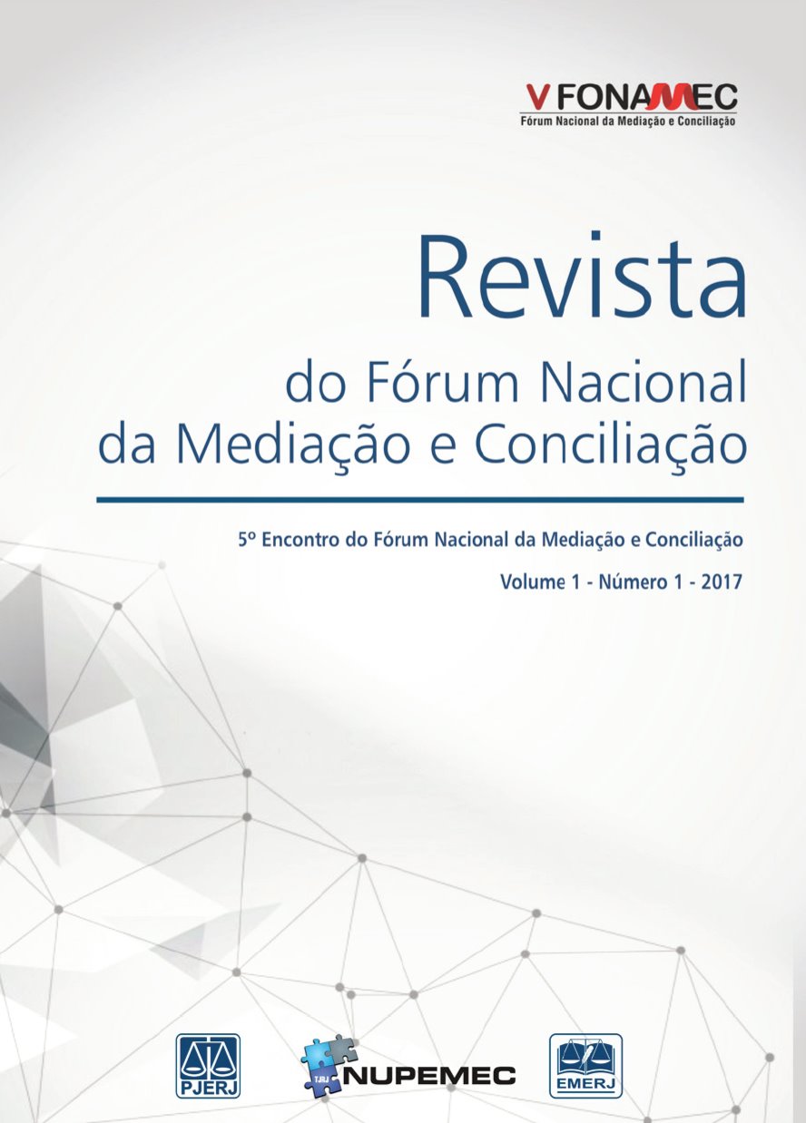 Capa da revista com fundo branco, na parte de baixo, figuras geométricas interligadas. Na parte superior, em lestras na cor preta, V FONAMEC - Fórum Nacional da Mediação e Conciliação. Logo abaixo, em letras na cor azul, Revista do Fórum Nacional da Mediação e Conciliação. 5º Encontro Fórum Nacional da Mediação e Conciliação. Vol 1 - Número 1 - 2017. No rodapé da capa, o logotipo do PJERJ, do NUPEMEC e da EMERJ.