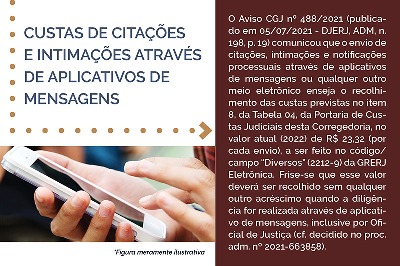 CUSTAS DE CITAÇÕES  E INTIMAÇÕES ATRAVÉS  DE APLICATIVOS DE  MENSAGENS