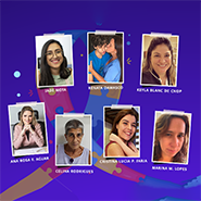 Fotografias das palestrantes: Dra. Marina Magalhães Lopes; Dra. Ana Rosa Frota Aguiar; Dra. Jade Mota; Dra. Keyla Blanc De Cnop; Cristina Lucia Pereira de Faria; Renata Damasco; Celina Rodrigues; sobre fundo azul.